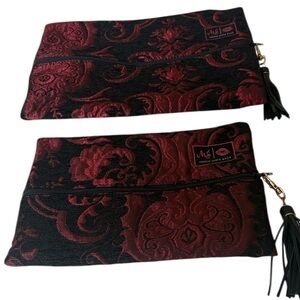 Set of Makeup Junkie handcrafted, red/black tapestry pattern, zipper w/ tassel.